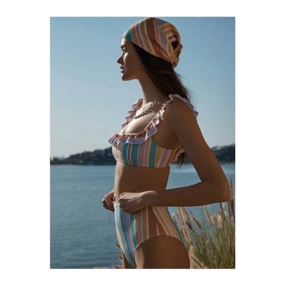 EPHEMERA Flounce Bra and High Waisted Bikini Pant in Bonbon Stripe NWT - Picture 3 of 12